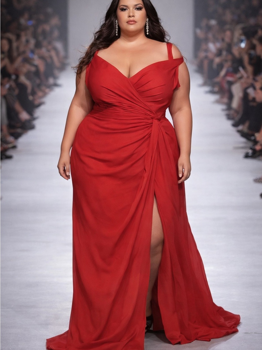 Plus Size Red Draped Maxi Gown with Side Slit